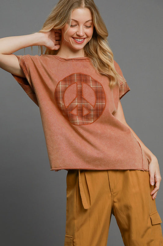 Umgee Peace Applique Round Neck French Terry Top